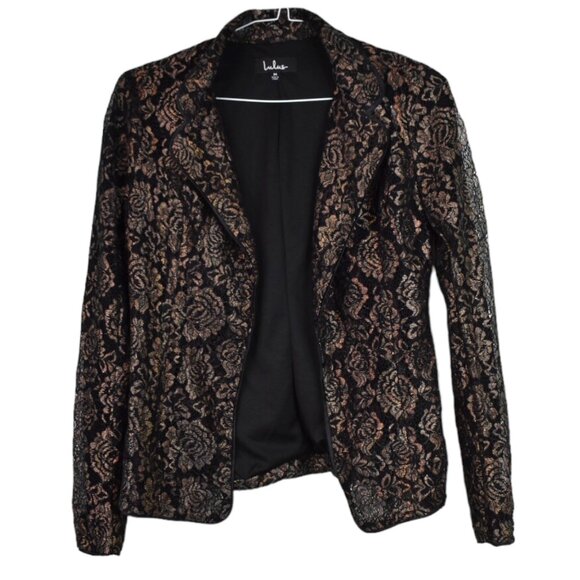 Lulus Cardigan M Womens Floral Printed Metallic Gold Mesh Long Sleeve Roses - Picture 1 of 8